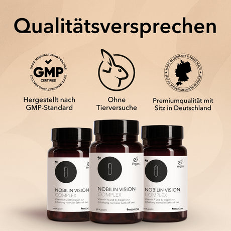 3 Produktdosen von Nobilin Vision Complex (rechts im Bild), Zertifikate und Qualitätssiegel wie tierversuchsfrei, hergestellt nach GMP-Standard und Premiumqualität mit Sitz in Deutschland.
