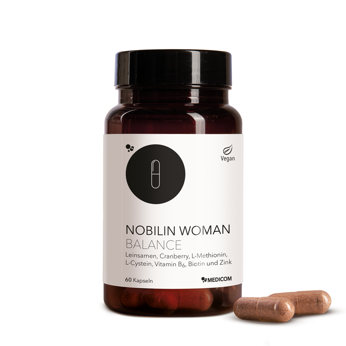 Die Produktdose von Nobilin Woman Balance mit zwei Kapseln im Vordergrund
