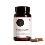 Die Produktdose von Nobilin Woman Balance mit zwei Kapseln im Vordergrund