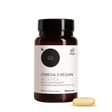 Die Produktdose von Medicom Omega 3 Vegan Algenöl. Im Vordergrund eine Weichkapsel 