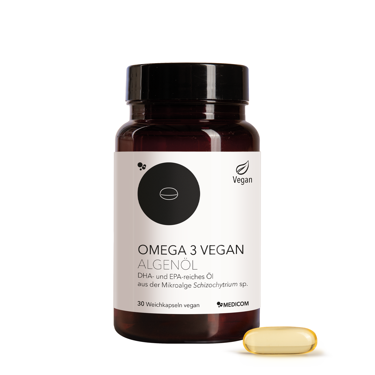 Die Produktdose von Medicom Omega 3 Vegan Algenöl. Im Vordergrund eine Weichkapsel 