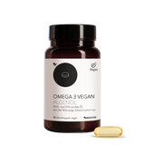 Die Produktdose von Medicom Omega 3 Vegan Algenöl. Im Vordergrund eine Weichkapsel 