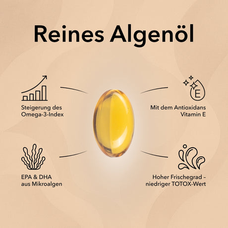 Produktinformationen zu Omega 3 Vegan Algenöl – einzige pflanzliche Quelle für EPA und DHA, frei von jeglichen Verunreinigungen, niedriger Totox-Wert, Verzehrempfehlung.