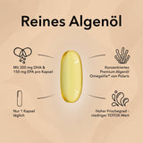 Abgebildet ist eine einzelne Kapsel Omega 3 Vegan Algenöl von Medicom mit Angabe der Inhaltsstoffe und weitere Produktinformationen wie 300 mg DHA und 150 mg EPA, Tagesdosis nur 1 Kapsel, konzentriertes Algenöl von OmegaVie® von Polaris, hoher Frischegrad­ niedriger TOTOX-Wert