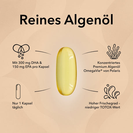 Abgebildet ist eine einzelne Kapsel Omega 3 Vegan Algenöl von Medicom mit Angabe der Inhaltsstoffe und weitere Produktinformationen wie 300 mg DHA und 150 mg EPA, Tagesdosis nur 1 Kapsel, konzentriertes Algenöl von OmegaVie® von Polaris, hoher Frischegrad­ niedriger TOTOX-Wert