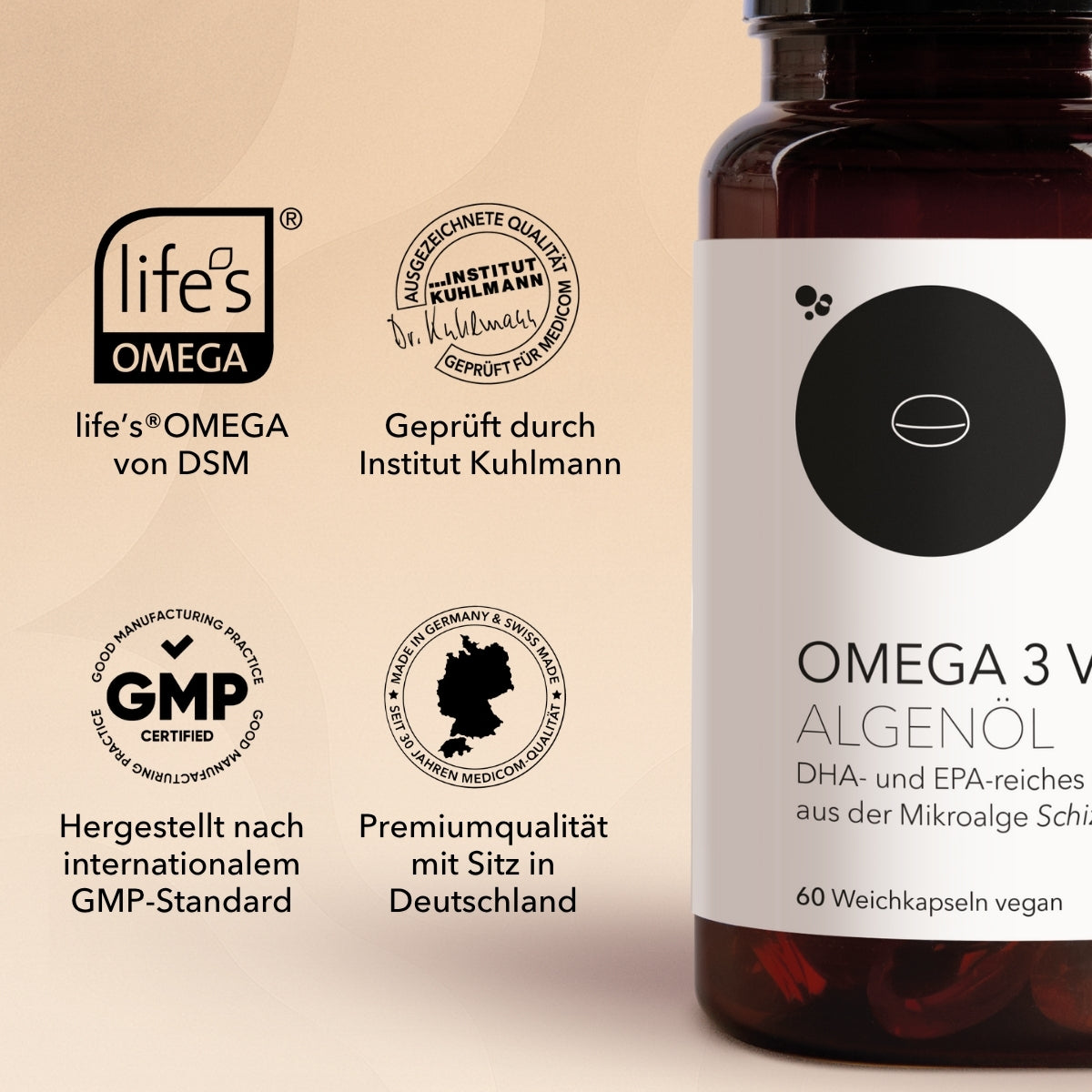 Produktinformationen zu Omega 3 Vegan Algenöl, mit Zertifikaten und Qualitätssiegeln wie Institut Kuhlmann und Markenrohstoff life`s OMEGA etc.