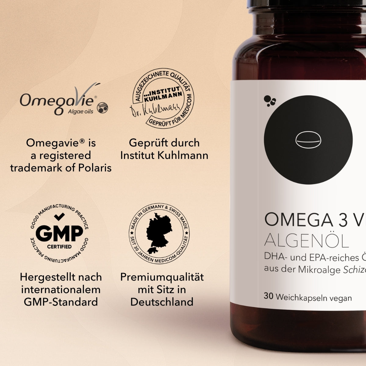 Produktdose „Medicom Omega 3 Vegan Algenöl“ mit Zertifizierungssiegeln und Angaben zur Produktqualität in deutscher Sprache, zum Beispiel das Zertifikat Institut Kuhlmann.