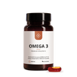 Eine Flasche mit der Aufschrift Median Omega 3 von Medicom mit einer einzelnen roten und gelben Kapsel daneben auf weißem Hintergrund, die die Vorteile von Omega-3-Fettsäuren aus Krillöl oder Fischöl hervorhebt.