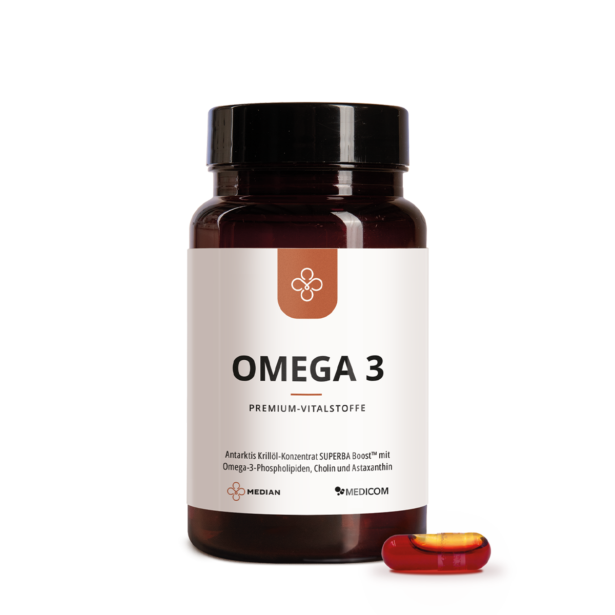 Eine Flasche mit der Aufschrift Median Omega 3 von Medicom mit einer einzelnen roten und gelben Kapsel daneben auf weißem Hintergrund, die die Vorteile von Omega-3-Fettsäuren aus Krillöl oder Fischöl hervorhebt.