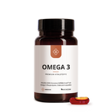 Eine Flasche mit der Aufschrift Median Omega 3 von Medicom mit einer einzelnen roten und gelben Kapsel daneben auf weißem Hintergrund, die die Vorteile von Omega-3-Fettsäuren aus Krillöl oder Fischöl hervorhebt.