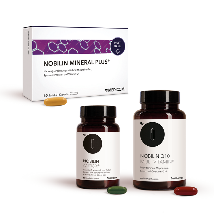 Nobilin Premium: Die sinnvoll dosierte Produktkombination von Medicom mit Nobilin Q10 Multivitamin® in der Dose, Nobilin Mineral Plus® in der Faltschachtel und Nobilin Antiox® in der Dose