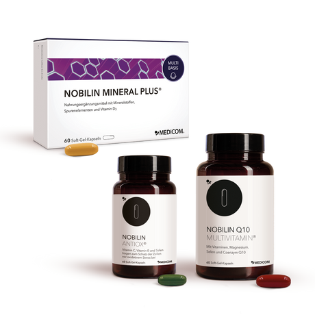 Nobilin Premium: Die sinnvoll dosierte Produktkombination von Medicom mit Nobilin Q10 Multivitamin® in der Dose, Nobilin Mineral Plus® in der Faltschachtel und Nobilin Antiox® in der Dose