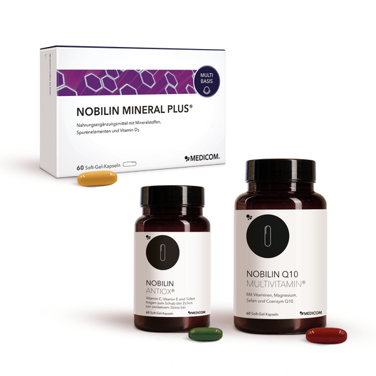 Nobilin Premium: Die sinnvoll dosierte Produktkombination von Medicom mit Nobilin Q10 Multivitamin® in der Dose, Nobilin Mineral Plus® in der Faltschachtel und Nobilin Antiox® in der Dose