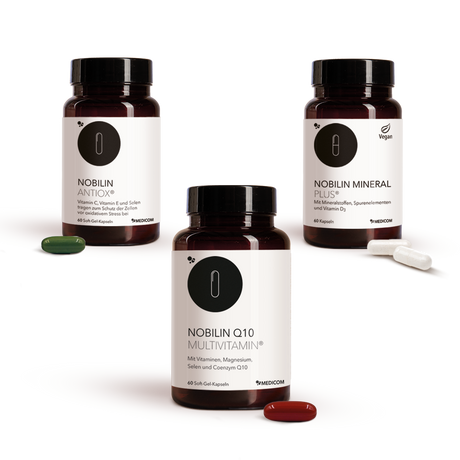 Nobilin Premium: Die sinnvoll dosierte Produktkombination von Medicom mit den drei Premium-Produkten Nobilin Q10 Multivitamin® in der Dose, Nobilin Mineral Plus® in der Dose und Nobilin Antiox® in der Dose