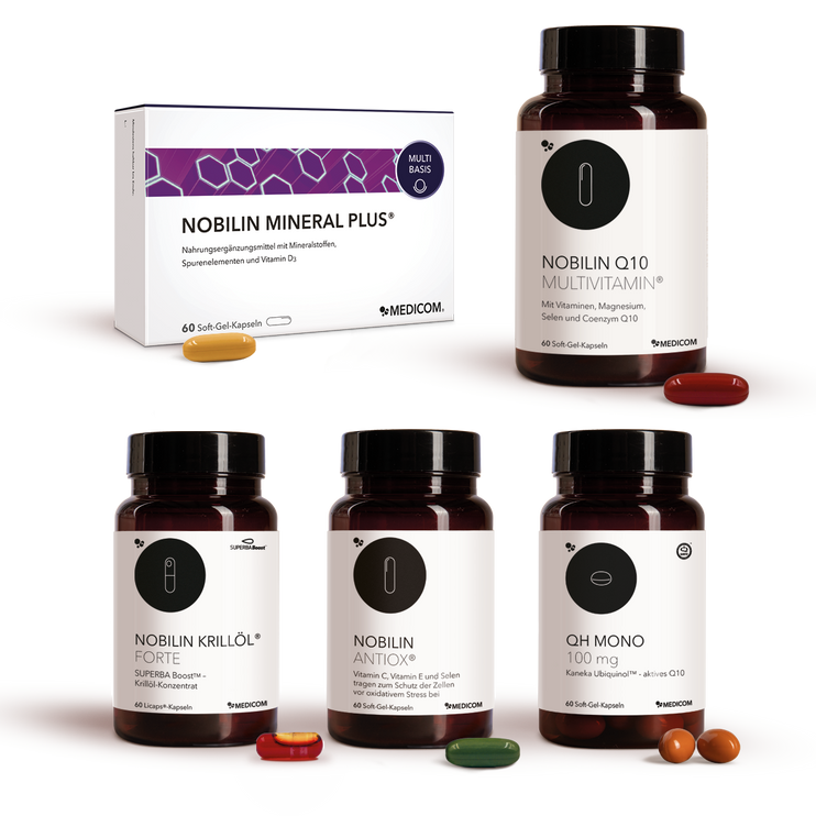 Nobilin Premium Selection Advance, Produktkombination aus fünf Produkten: Nobilin Q10 Multivitamin® in der Dose, Nobilin Mineral Plus®, Nobilin Antiox® in der Dose, Nobilin Krillöl® Forte Dose und QH Mono 100 mg in der Dose