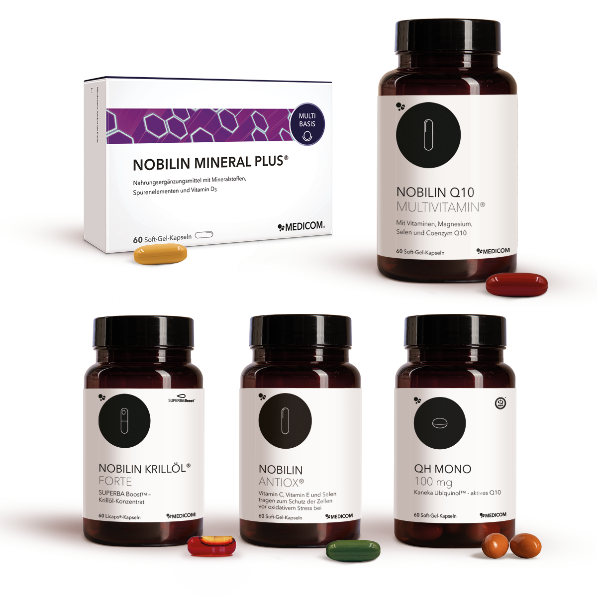 Nobilin Premium Selection Advance, Produktkombination aus fünf Produkten: Nobilin Q10 Multivitamin® in der Dose, Nobilin Mineral Plus®, Nobilin Antiox® in der Dose, Nobilin Krillöl® Forte in der Dose und QH Mono 100 mg in der Dose