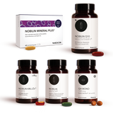 Nobilin Premium Selection Advance, Produktkombination aus fünf Produkten: Nobilin Q10 Multivitamin® in der Dose, Nobilin Mineral Plus®, Nobilin Antiox® in der Dose, Nobilin Krillöl® Forte in der Dose und QH Mono 100 mg in der Dose