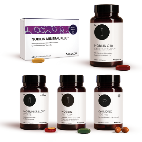 Nobilin Premium Selection Advance, Produktkombination aus fünf Produkten: Nobilin Q10 Multivitamin® in der Dose, Nobilin Mineral Plus®, Nobilin Antiox® in der Dose, Nobilin Krillöl® Forte in der Dose und QH Mono 100 mg in der Dose