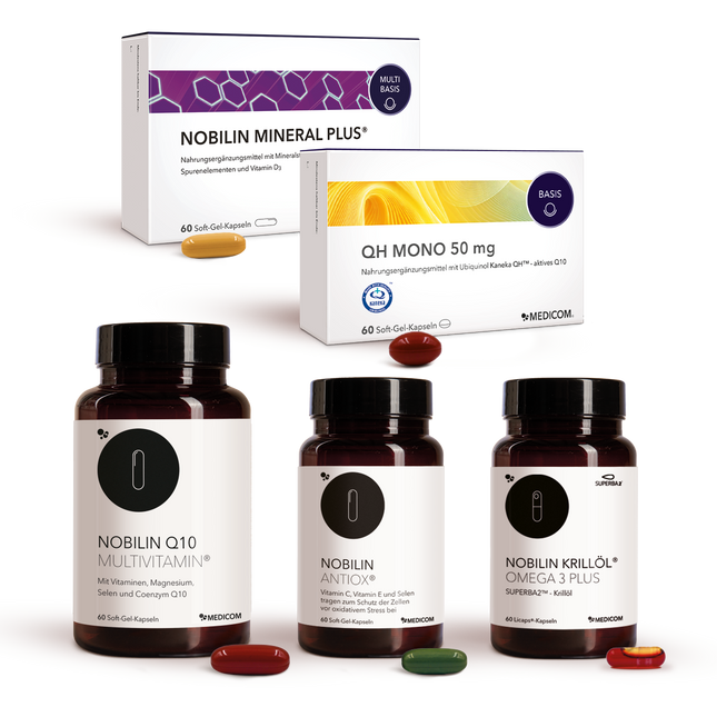 Nobilin Premium Selection Gold: Die sinnvoll dosierte Produktkombination von Medicom mit Nobilin Q10 Multivitamin®, QH Mono 50 mg, Nobilin Mineral Plus®, Nobilin Antiox® und Nobilin Krillöl® Omega 3 Plus
