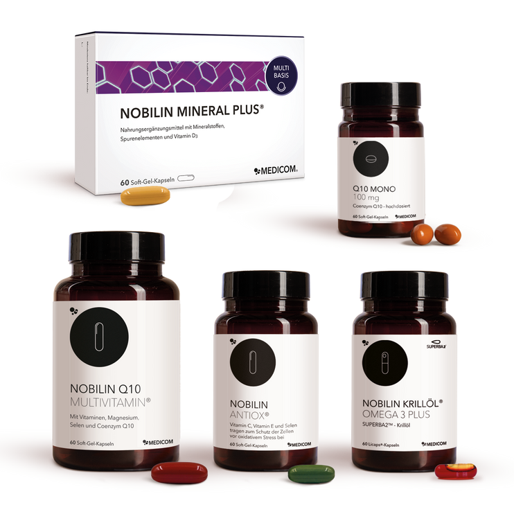 Nobilin Premium Selection Silber: Die sinnvoll dosierte Produktkombination von Medicom mit Nobilin Q10 Multivitamin®, Q10 Mono 100 mg, Nobilin Mineral Plus®, Nobilin Antiox® und Nobilin Krillöl® Omega 3 Plus
