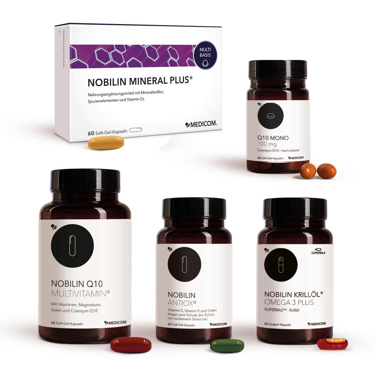 Nobilin Premium Selection Silber: Die sinnvoll dosierte Produktkombination von Medicom mit Nobilin Q10 Multivitamin®, Q10 Mono 100 mg, Nobilin Mineral Plus®, Nobilin Antiox® und Nobilin Krillöl® Omega 3 Plus

