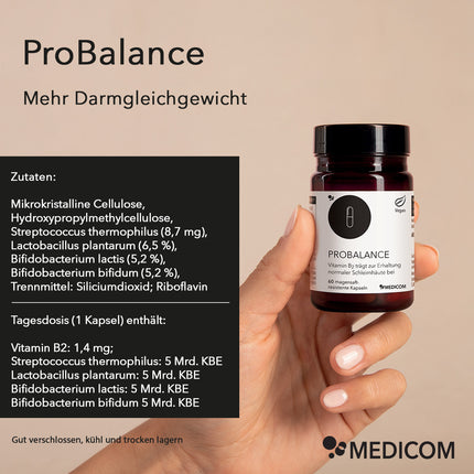 Produktinformationen zu ProBalance, mehr Darmgleichgewicht, genaue Zutaten und die Angabe der Tagesdosis (1 Kapsel)