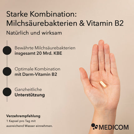 Produktinformationen zu ProBalance mit folgendem Text:
Starke Kombination: Milchsäurebakterien & Vitamin B2
Natürlich und wirksam

Bulletpoint 1: Bewährte Milchsäurebakterien – insgesamt 20 Mrd. KBE
Bulletpoint 2: Optimale Kombination mit Darm-Vitamin B2
Bulletpoint 3: Ganzheitliche Unterstützung 

Rechts im Bild eine Hand mit einer Kapsel ProBalance und unten rechts das Medicom Logo
