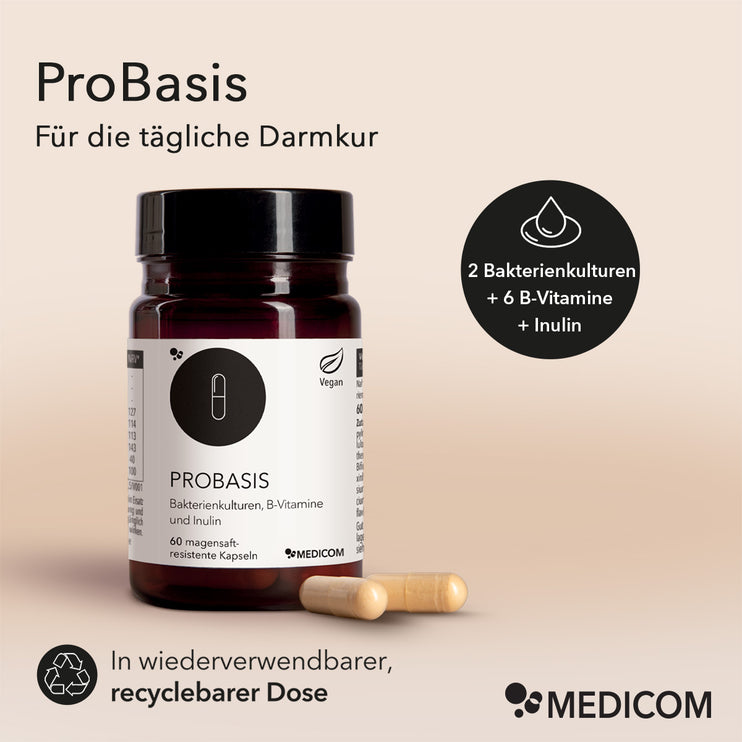 Die Produktdose von ProBasis mit Produktinformationen: 2 Bakterienkulturen, 6 B-Vitamine, Inulin in der wiederverwendbaren, recyclebaren Dose. 