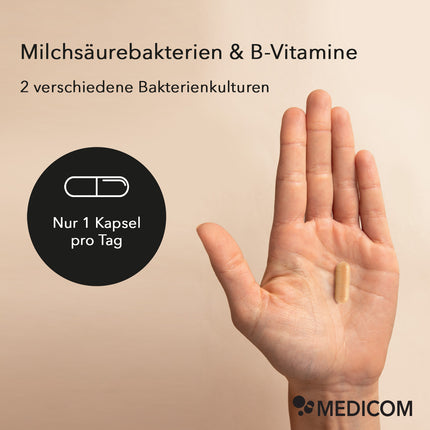 Produktinformationen von ProBasis mit Miclhsäurebakterien und B-Vitaminen, 2 verschiedene Bakterienkulturen. Im Störer steht: Nur 1 Kapsel pro Tag. Eine Hand und eine Kapsel von ProBasis (rechts im Bild)