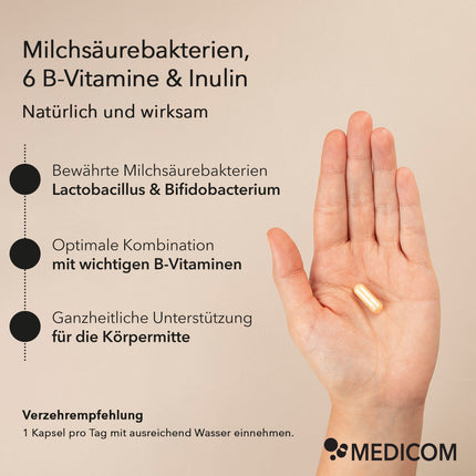 Eine Hand und eine Kapsel von ProBasis (rechts im Bild), sowie Produktinformationen zu ProBasis mit Milchsäurebakterien, 6 B-Vitamine & Inulin, natürlich und wirksam, bewährte Milchsäurebakterien, B-Vitamine, ganzheitliche Unterstützung für die Körpermitte und Infos zur Verzehrempfehlung (links im Bild).