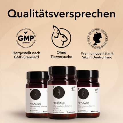 Produktdose von ProBasis und Zertifikate und Qualitätssiegel.