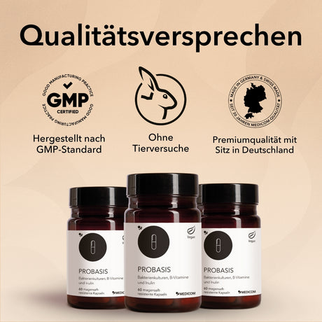 Produktdose von ProBasis und Zertifikate und Qualitätssiegel.