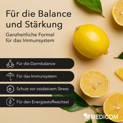 Zitronenfrüchte und Blätter rechts im Bild mit den verschiedenen Anwendungsgebieten von ProImmun links im Bild: Darmbalance, Immunsystem, Schutz vor oxidativem Stress und für den Energiestoffwechsel