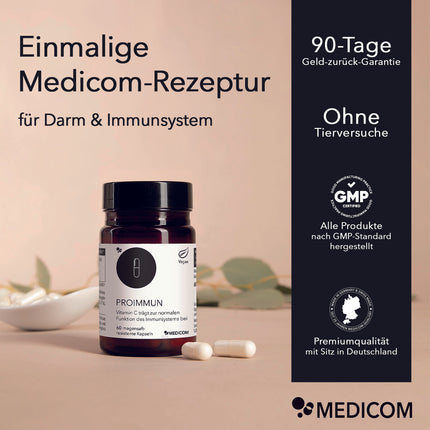 Die Produktdose von ProImmun im Hintergrund eine Keramikschale mit Eukalyptuspflanzen im Hintergrund als Dekoration. Rechts im Bild: Qualitätsmerkmale und Zertifikate aus dem Hause Medicom