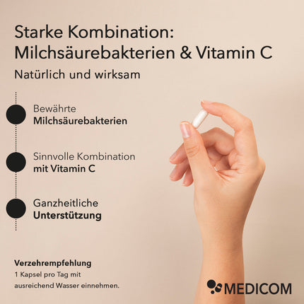 Eine Frauenhand hält eine Kapsel von ProImmun in der Hand. Im Text stehen Produktinformationen zu ProImmun: Bewährte Milchsäurebakterien, sinnvolle Kombination mit Vitamin C, ganzheitliche Unterstützung