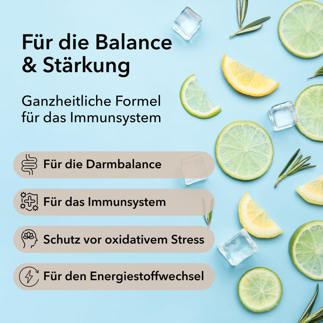 Zitronenfrüchte und Blätter rechts im Bild mit den verschiedenen Anwendungsgebieten von ProImmun links im Bild: Darmbalance, Immunsystem, Schutz vor oxidativem Stress und für den Energiestoffwechsel