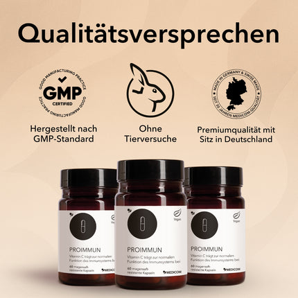 Die Produktdose von ProImmun im Hintergrund eine Keramikschale mit Eukalyptuspflanzen im Hintergrund als Dekoration. Rechts im Bild: Qualitätsmerkmale und Zertifikate aus dem Hause Medicom