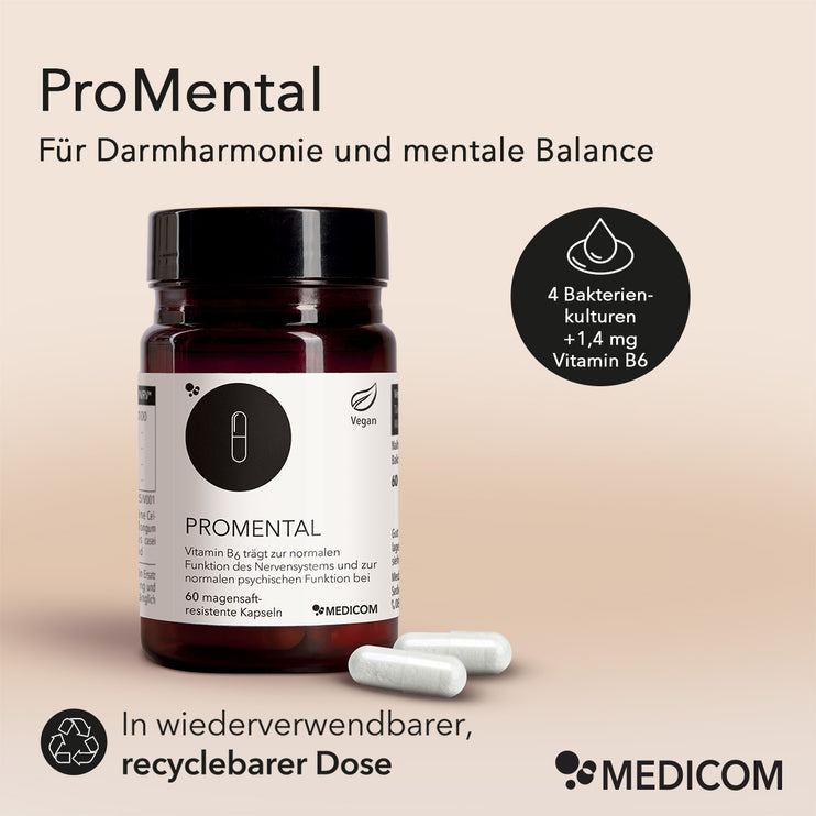 Produktinformationen zu ProMental mit folgendem Text: 
Für Darmharmonie und mentale Balance
Bubble: 4 Bakterienkulturen + 1,4 mg Vitamin B6
Unten links: In der wiederverwendbaren, recyclebaren Dose. Auf dem Bild ist die Produktdose von ProMental und zwei Kapseln im Vordergrund zu sehen