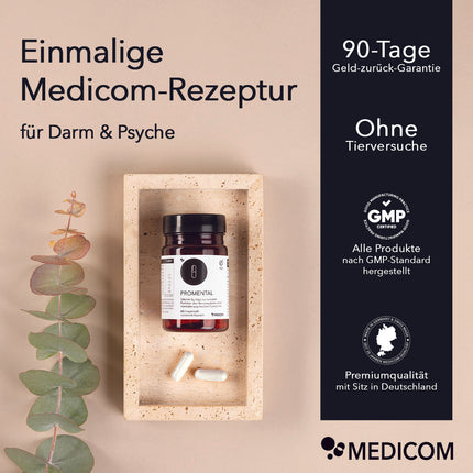 Die Produktdose von ProMental auf einem Marmortablett mit zwei Kapseln. Rechts im Bild die Qualitätsmerkmale und Zertifikate von Medicom
