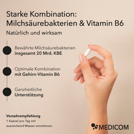 Produktinformationen zu ProMental mit diesen Informationen:
Starke Kombination: Milchsäurebakterien & Vitamin B6
Natürlich und wirksam
Bulletpoint 1: Bewährte Milchsäurebakterien – insgesamt 20 Mrd. KBE
Bulletpoint 2: Optimale Kombination mit Gehirn-Vitamin B6
Bulletpoint 3: Ganzheitliche Unterstützung 
Verzehrempfehlung und rechts im Bild eine Hand mit Kapsel