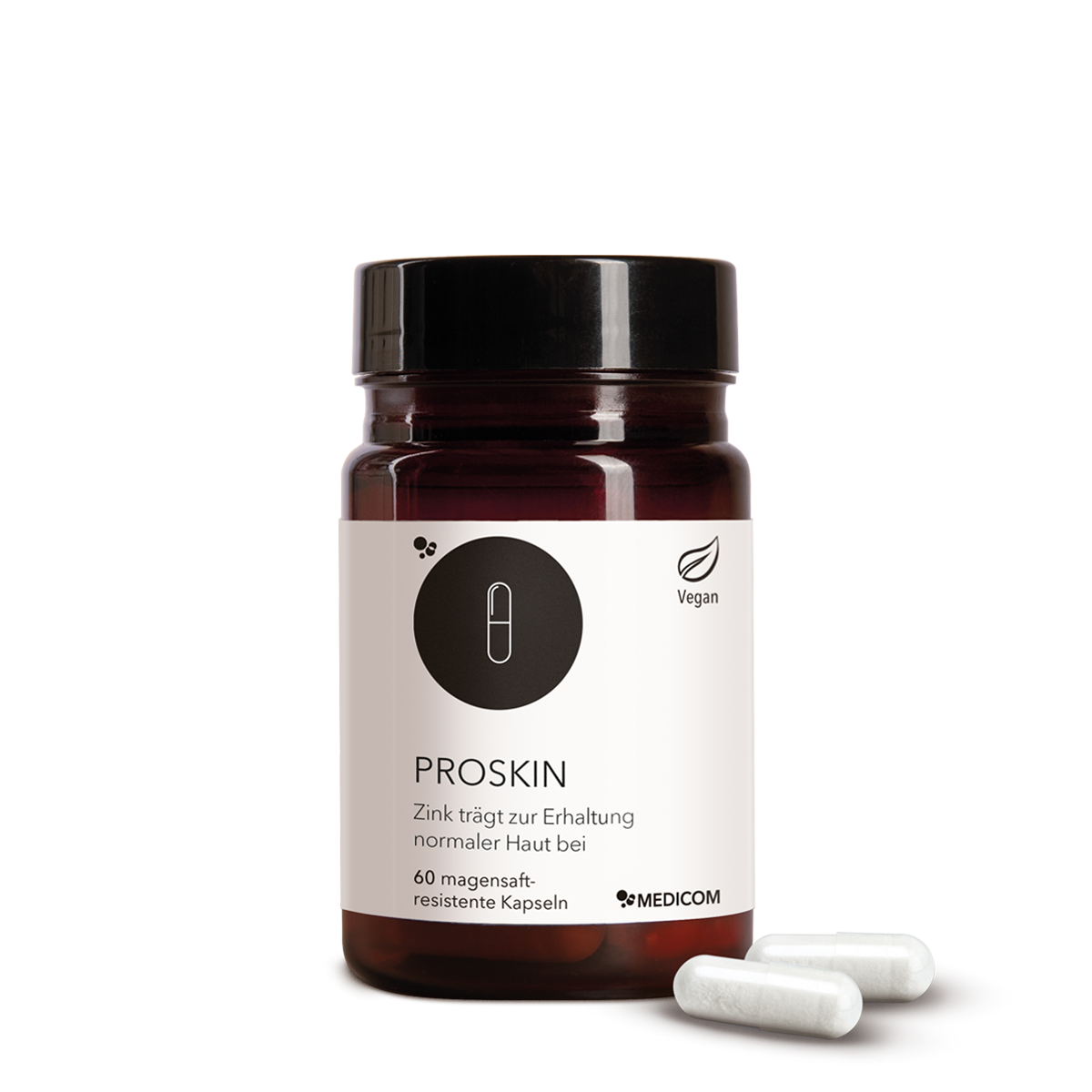Die Produktdose von ProSkin von Medicom mit Dosenetikett mit Produktnamen und zwei Kapseln im Vordergrund
