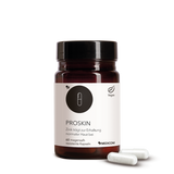 Die Produktdose von ProSkin von Medicom mit Dosenetikett mit Produktnamen und zwei Kapseln im Vordergrund