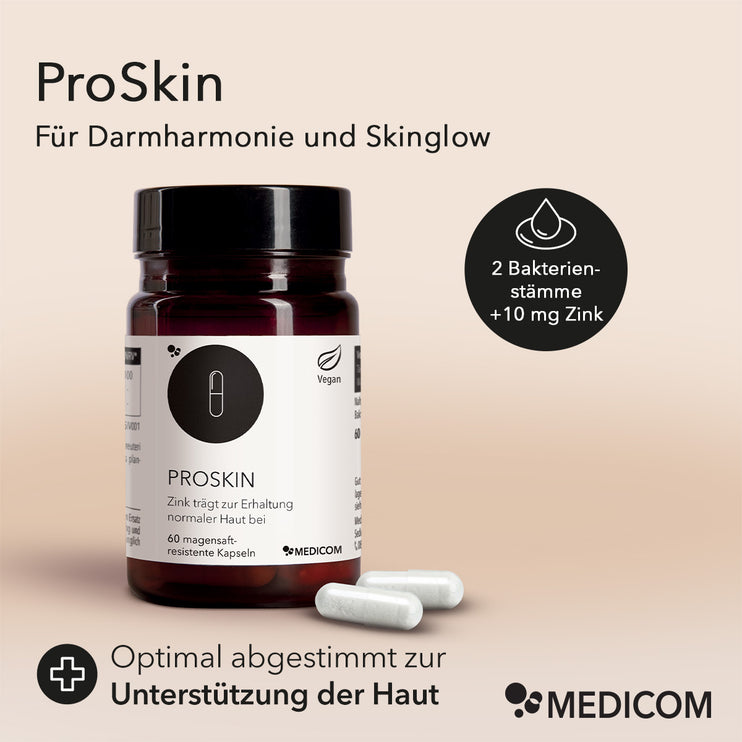 Die Produktdose von ProSkin mit zwei Kapseln im Vordergrund und Produktinformationen zu ProSkin: für Darmharmonie und Skinglow, Bakterienstämme und 10 mg Zink, optimal abgestimmt zur Unterstützung der Haut