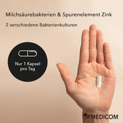 Eine Frauenhand hält die Kapsel von ProSkin in der Hand. Daneben im Text Produktinformationen: Milchsäurebakterien & Spurenelement Zink, 2 verschiedene Bakterienkulturen und nur eine Kapsel pro Tag