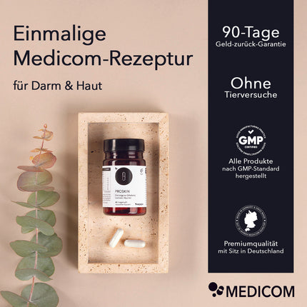 Die Produktdose von Proskin auf einem Marmortablett und zwei Kapseln. Produktinformationen zu ProSkin wie einmalige Medicom-Rezeptur für Darm & Haut. Rechts im Bild Qualitätsmerkmale und Zertifikate bei Medicom.