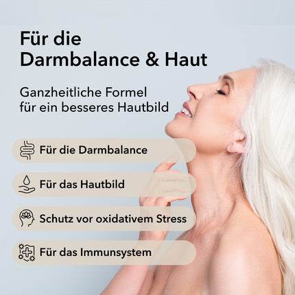 Produktinformationen zu ProSkin: für die Darmbalance und Haut
Ganzheitliche Formel für ein besseres Hautbild
Moodbild mit einem Frauengesicht im Hintergrund
Punkt 1: Für die Darmbalance
Punkt 2: Für das Hautbild
Punkt 3: Schutz vor oxidativem Stress
Punkt 4: Für das Immunsystem
