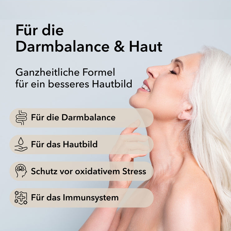 Produktinformationen zu ProSkin: für die Darmbalance und Haut
Ganzheitliche Formel für ein besseres Hautbild
Moodbild mit einem Frauengesicht im Hintergrund
Punkt 1: Für die Darmbalance
Punkt 2: Für das Hautbild
Punkt 3: Schutz vor oxidativem Stress
Punkt 4: Für das Immunsystem