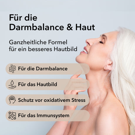 Produktinformationen zu ProSkin: für die Darmbalance und Haut
Ganzheitliche Formel für ein besseres Hautbild
Moodbild mit einem Frauengesicht im Hintergrund
Punkt 1: Für die Darmbalance
Punkt 2: Für das Hautbild
Punkt 3: Schutz vor oxidativem Stress
Punkt 4: Für das Immunsystem