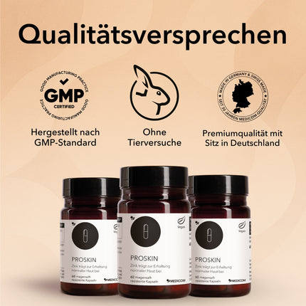 Die Produktdose von Proskin auf einem Marmortablett und zwei Kapseln. Produktinformationen zu ProSkin wie einmalige Medicom-Rezeptur für Darm & Haut. Rechts im Bild Qualitätsmerkmale und Zertifikate bei Medicom.