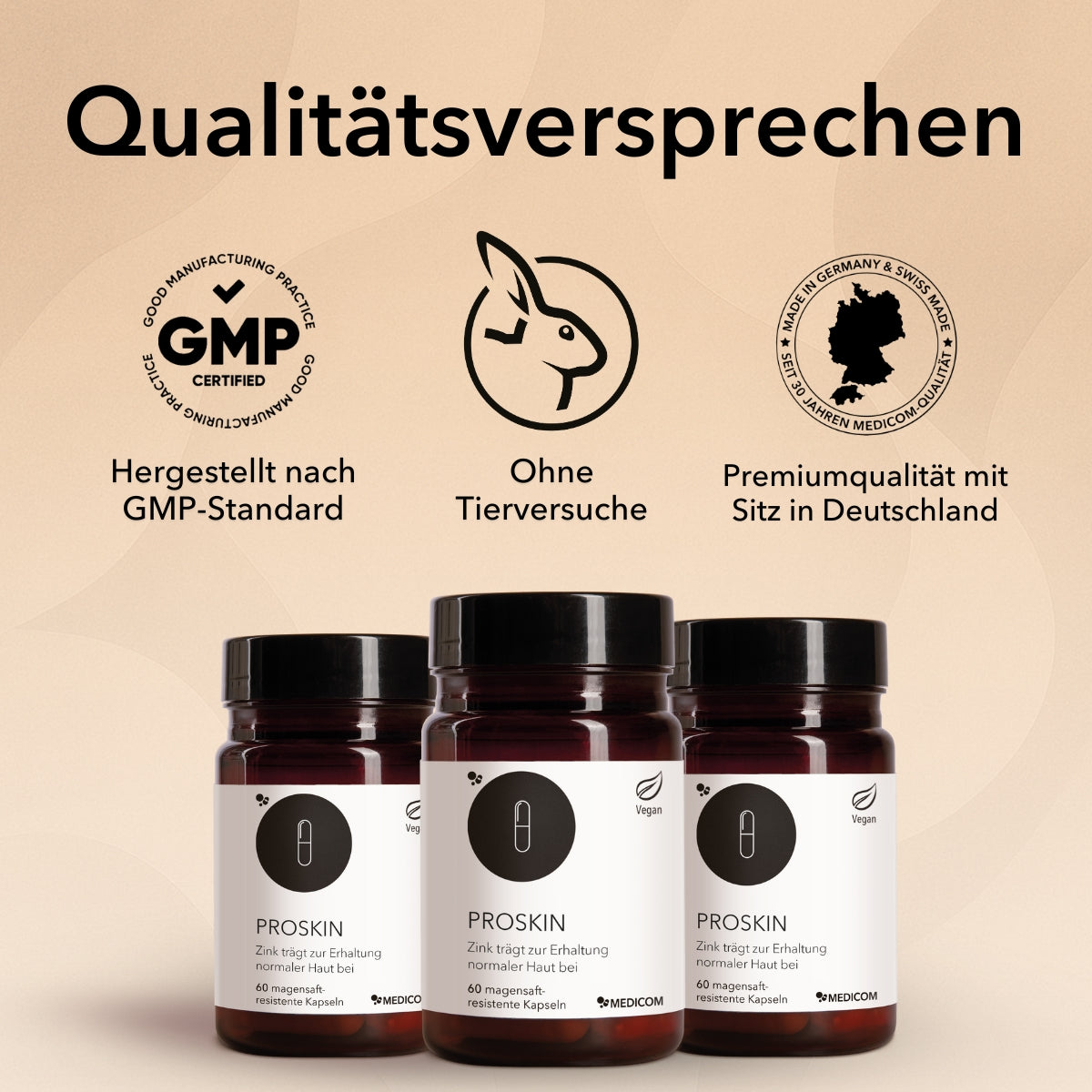 Die Produktdosen von Proskin. Im Bild Qualitätsmerkmale und Zertifikate von Medicom.